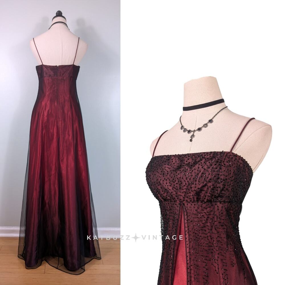 Vintage Morgan Prom Dress Maxi Gown 8 Red Black Babydoll Princess 90s Y2K Goth - Picture 2 of 14